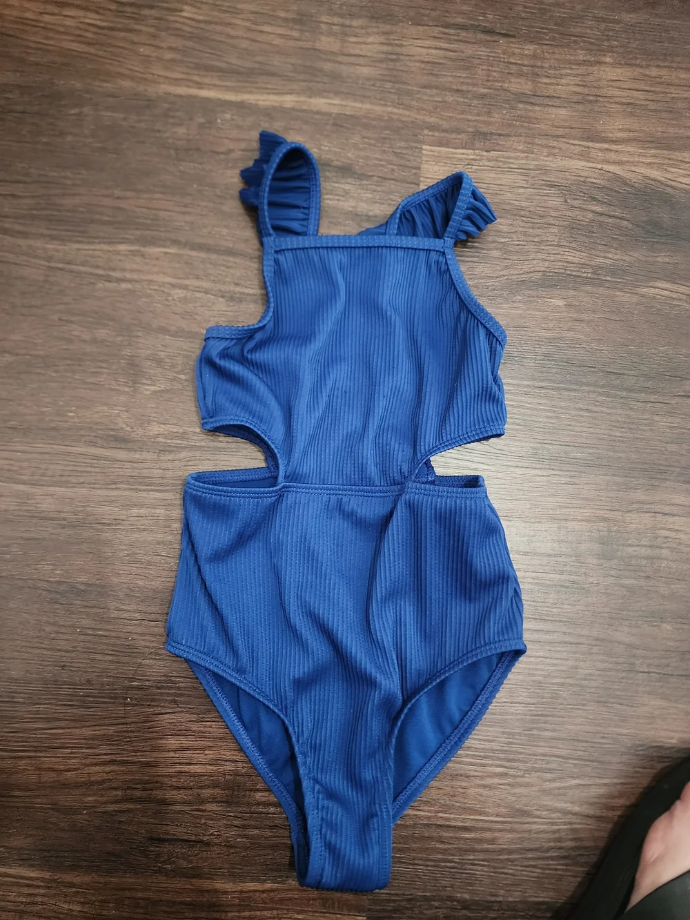 Girls' Royal Blue Ribbed One-Piece Swimsuit with Ruffle Straps